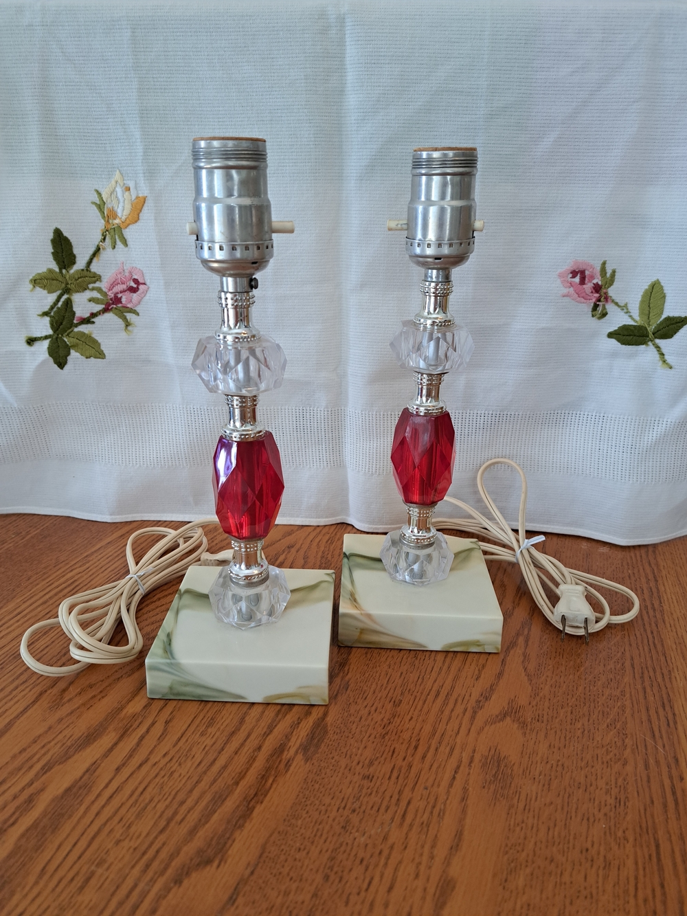 1960(Rare) Pair of Red Faux Crystal Table Lamps, Faux Marble Bases